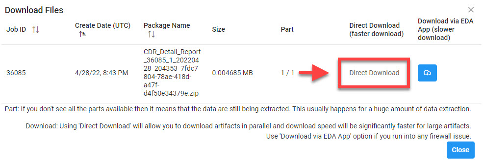 The image provides a preview of the CDR Detail Report Export button.