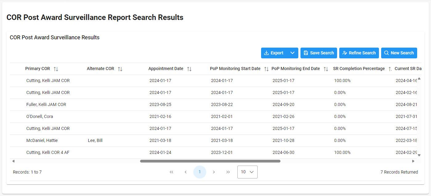 The image provides a view of the COR Post Award Surveillance Report search results.