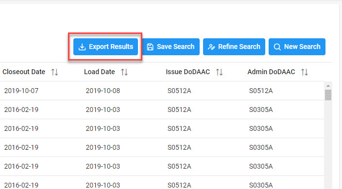 The image provides a preview of the Contract Closeout Search Results Overview.