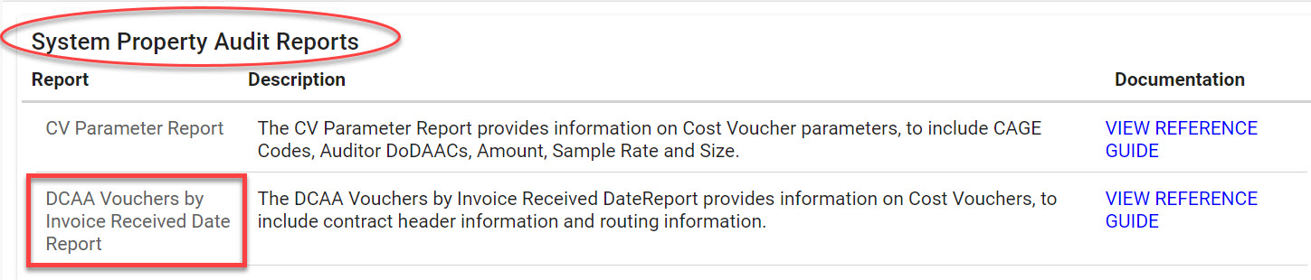 The image provides a preview of the DCAA Vouchers by Invoice Received Date Report Export button location.