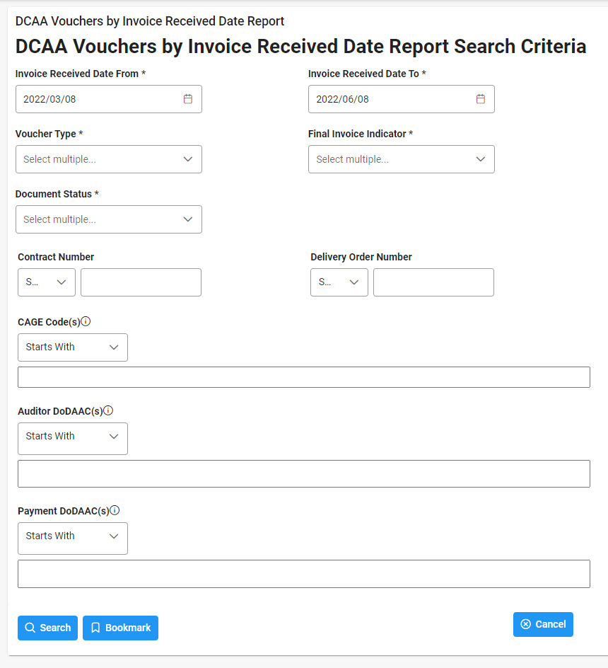 The image provides a preview of the DCAA Vouchers by Invoice Received Date Report Export button location.