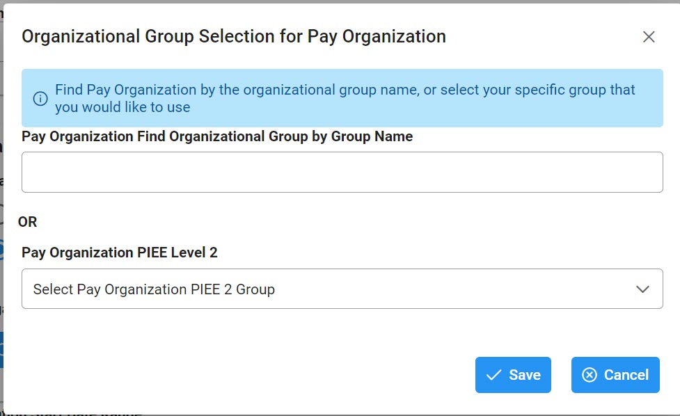 The image provides a preview of the Records Destruction Report Organizational Group Selection for Pay Organization Search.