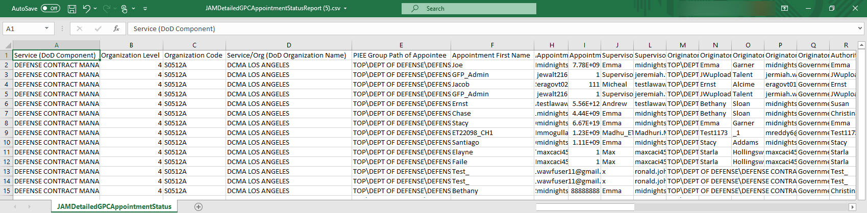 The image provides a preview of the JAM Detailed GPC Appointment Status Report Sample Export CSV Results.