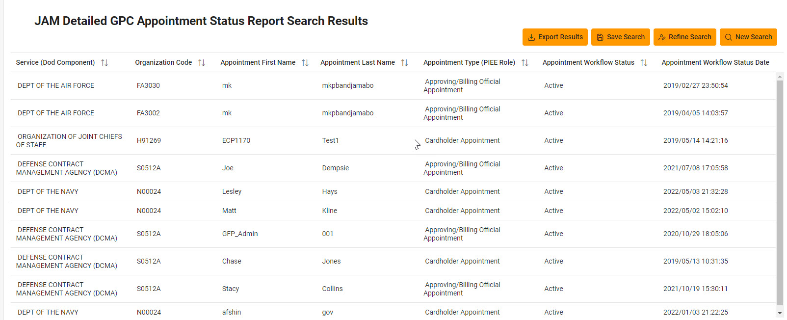 The image provides a preview of the JAM Detailed GPC Appointment Status Report Search Results page.