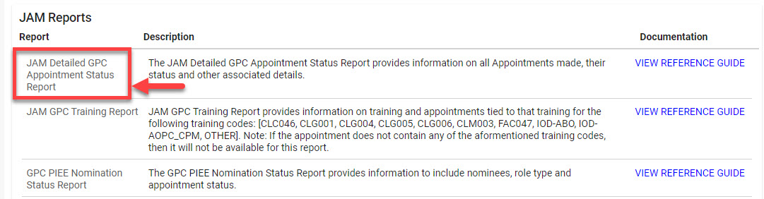 The image provides a preview of the JAM Detailed GPC Appointment Status Report Results link.
