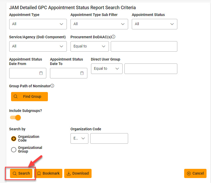 The image provides a preview of the JAM Detailed GPC Appointment Status Report Search Page.