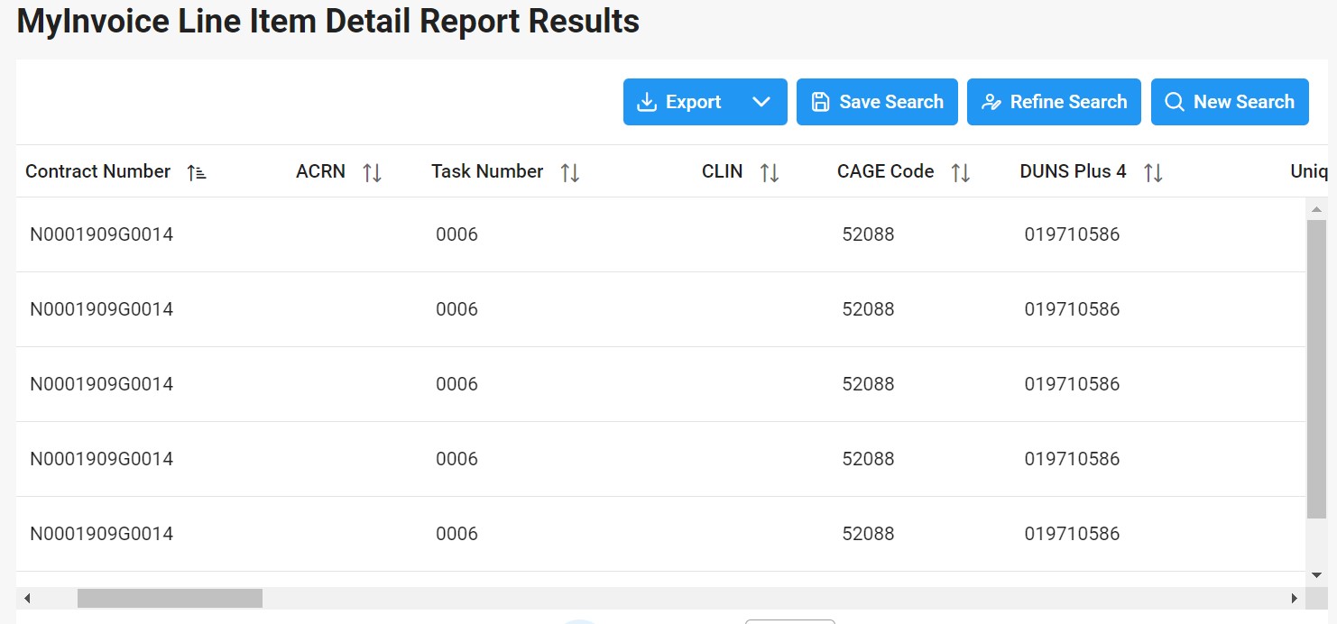 The image provides a preview of the MyInvoice Line Item Detail Report Results Overview.