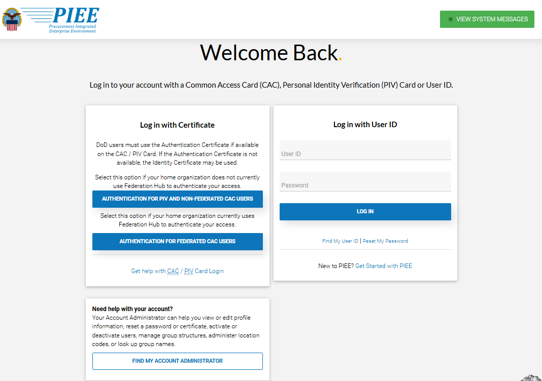 The image provides a preview of various Login options in PIEE.