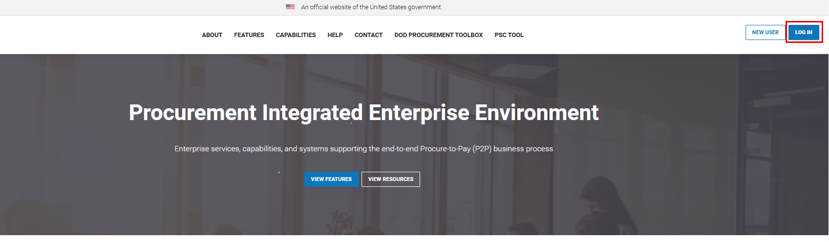 The image provides a preview of the PIEE Landing page and the Log in button.