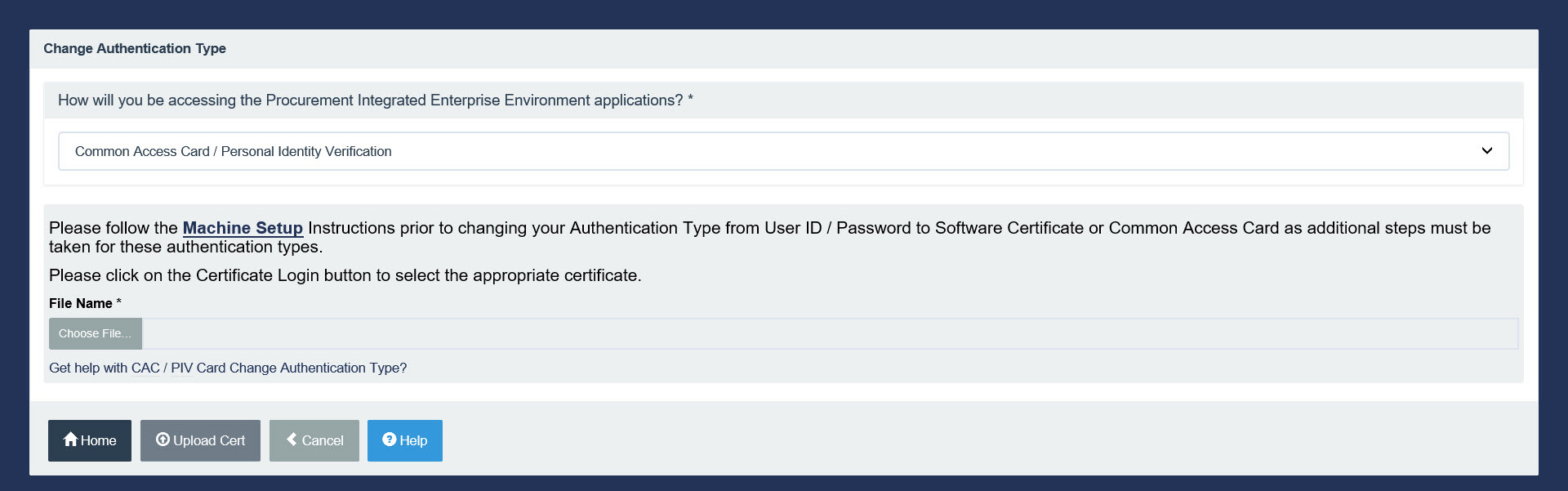 This image displays the Certificate Modal for Smart Card while changing the account Authentication type.